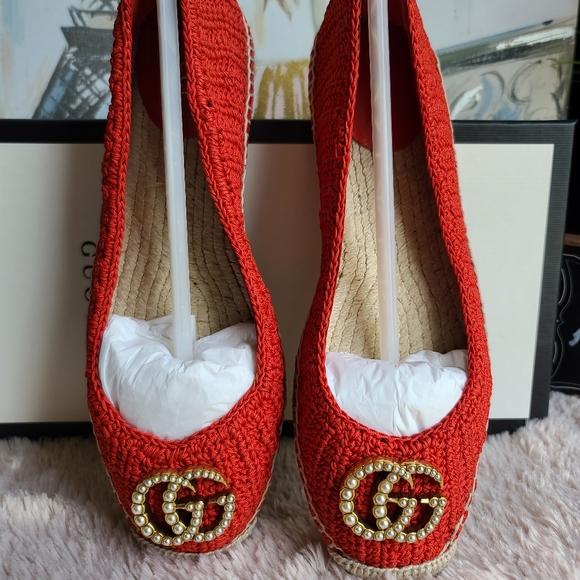 GUCCI Red Lilibeth Gg Faux Pearl-embellished Espadrilles Flats Size 7 - Picture 6 of 11